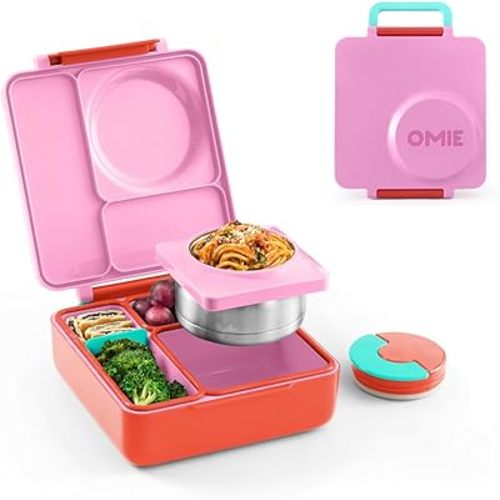 OmieBox Bento Box for Kids - Insulated with Leak Proof Thermos Food Jar - 3 Compartments, Two Temperature Zones - Pink