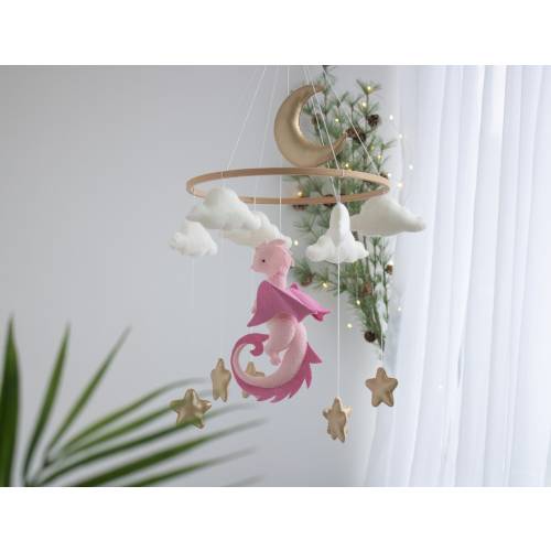 Dragon baby mobile, Baby girl mobile, Felt hanging toy, Fantasy baby nursery, Golden moon and stars, Baby shower gift