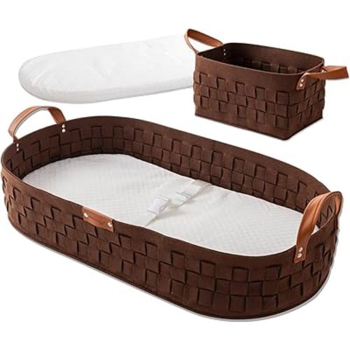 Baby Changing Basket, Baby Changing Pad with Wipeable Waterproof Pad, Small Storage Basket, Moses Basket for Baby Dresser,Living Room,Brown
