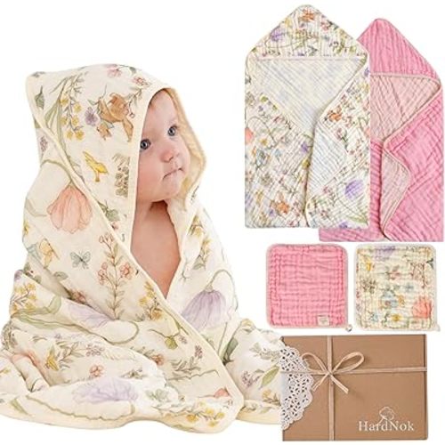 4-Piece Ultra Soft Muslin Baby Towel Set - Muslin & Bamboo Viscose Blend, Ideal for Bath & Beach, Suitable for Baby Girls, (Garden Woodland, 32x32 inches)
