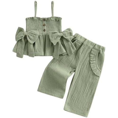 Toddler Baby Girl Clothes Tie-Up Strap Ruffle Camisole Tops Linen Pants Set Little Girls Summer Outfits