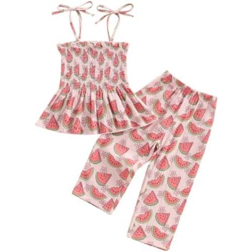 VISGOGO Toddler Baby Girl Outfits Sleeveless Smocked Strap Camisole Linen Pants Bow Baby Summer Clothes