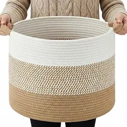 Large Natural Woven Blanket Basket, 70L Boho Decorative Cotton Rope Basket for Blankets Pillows and Toddler Toy Storage, Rope Blanket Storage for Living Room, Laundry, Nursery (Brown)