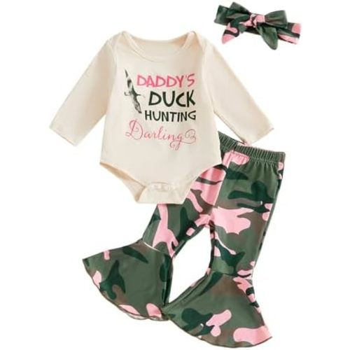 Newborn Baby Girl Hunting Clothes Duck Daddy's Hunting Buddy Romper Camo Flare Pants Set Coming Home Fall Outfits