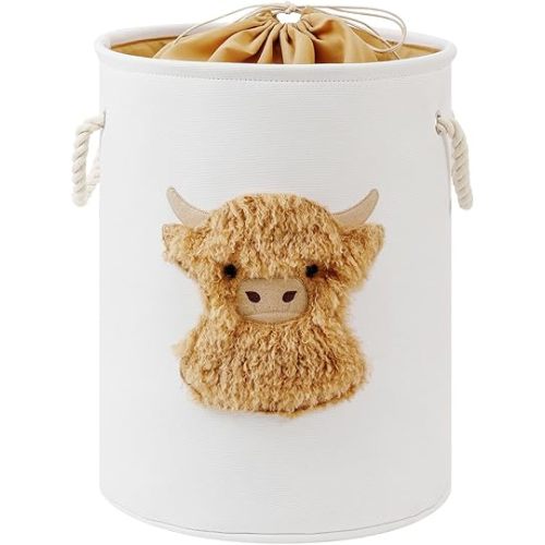 Kids Laundry Basket Nursery Hamper Baby Laundry Basket Stuffed Animal Toys Storage Baskets for Toddler Room Decor, Dirty Clothes Hampers with Drawstring Closure for Bedroom/Living Room, Highland Cow