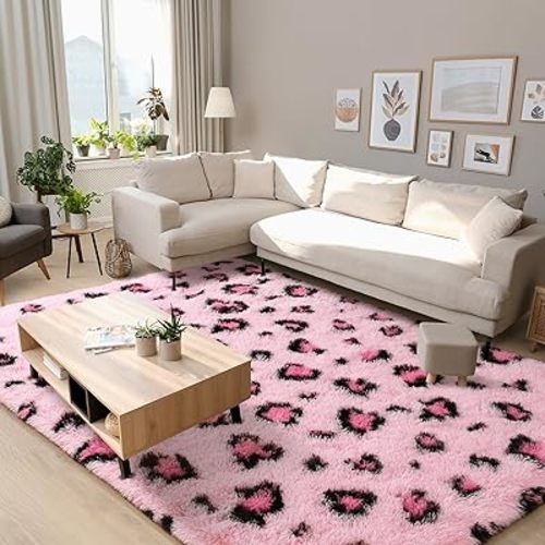 BENRON Pink Leopard Rugs for Living Room Girls Room 5x8, Cheetah Print Rug