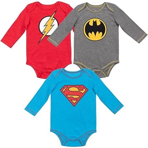 Warner Bros. Justice League Superman Batman Flash Baby 3 Pack Long Sleeve Bodysuit