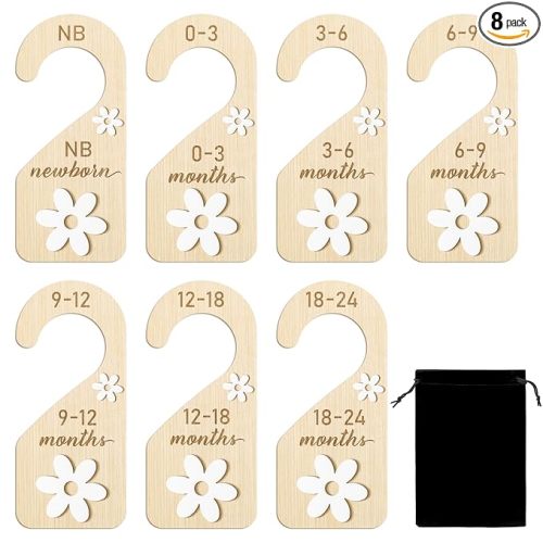 R HORSE Wooden Baby Closet Dividers - 8Pcs Double-Sided 3D Daisy Nursery Closet Organizer Baby Clothes Size Hanger Dividers Newborn Nursery Decor Birthday Gift for Boy Girl (0-24 Months)