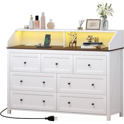 LED Dresser with Charging Station, 7 Drawer Dresser for Bedroom, Chest of Drawers with RGB Lights, Wood TV Stand with Deep Drawers for Bedroom, Hallway, White