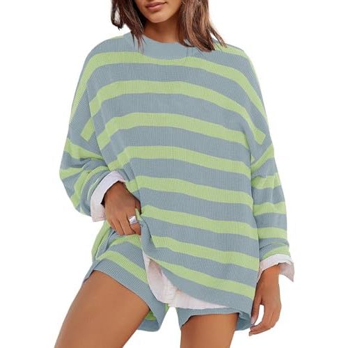 Panadila Womens Striped Sweater Set Oversized Lounge Sets Matching Pajamas Long Sleeve Sweater Top and Shorts