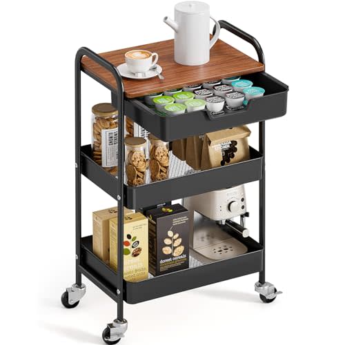 TOOLF 3-Tier Utility Rolling Cart with Wooden Board and Drawer, Metal Storage Cart with Handle, Black Trolley Kitchen Organizer Rolling Desk with Locking Wheels for Office, Classroom, Home, Bedroom