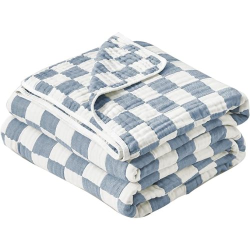 6-Layer Checkered Muslin Baby Blanket 43" Cotton Swaddle Blankets Blue