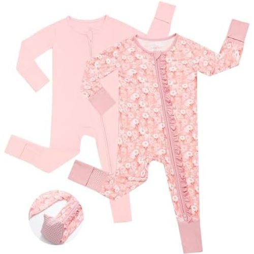 JunNeng Baby Girl Viscose from Bamboo Sleeper with Mitten Cuffs, 2 Way Zipper Romper, Sleep N' Play Pajamas 0-18 Months