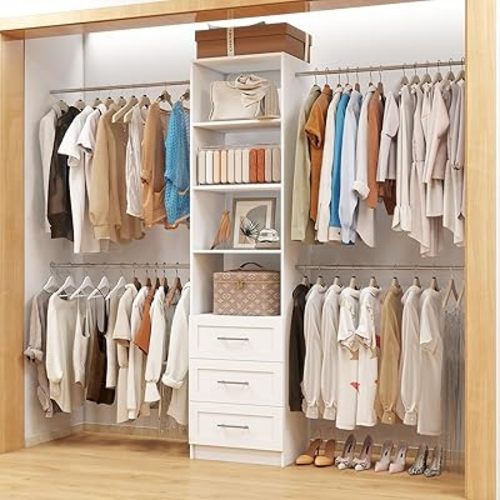 Closet System with Drawers, 5FT-8FT Custom Closet Organizer System 99" Walk in Wood Closet Storage System with 4 Expandable Hanging Rods Wall Mount White