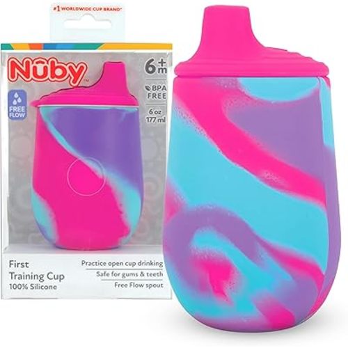 Nuby Silicone Tie-dye First Training Cup with Free Flow Soft Spout - 6oz, 6+ Months, Pink/Purple