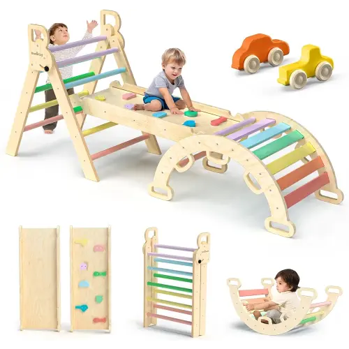 BlueWood Pikler Triangle Set 7in1 Foldable Baby Climbing Toys Wooden Montessori Climbing Set with Arch&Ramp&Ladder Baby Climber Indoor Jungle Gyms for Toddlers Montessori Toys - Rainbow
