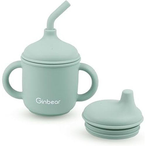 Ginbear 2-in-1 Sip-N-Straw Cup for Baby, Spill Proof Toddler Transition Sippy Cup with Straw, Silicone Baby Cup with Handles, Tiny Training Cups 6 Months+ (Hazy Green)