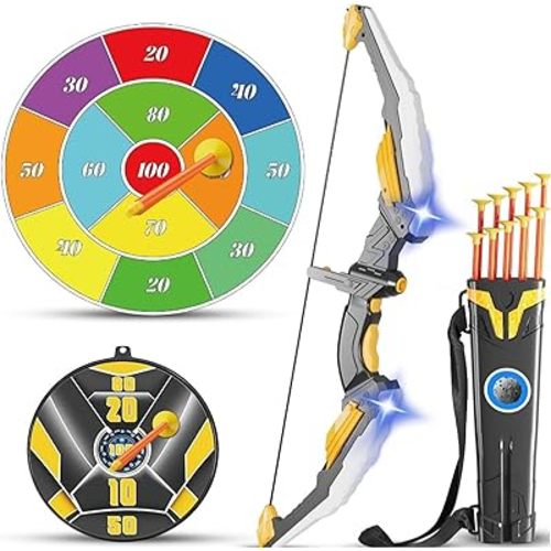 Kids Bow and Arrow Set LED Light Up Archery Set with 10 Suction Cup Arrows, 2 Archery Targets Indoor Outdoor Games for Kids Ages 4-8 8-12 Birthday Gifts Toys for 5 6 7 8 9 10 11 12 Year Old Boys Girls