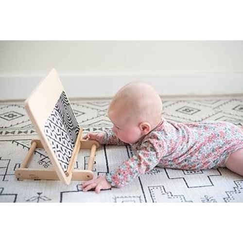 Montessori Tummy Time Set – Baby Safe Mirror, Sensory Crinkle Toy, FSC Wood Stand – High Contrast Black and White Toys for Newborns, Infants 0-6 Months – Visual Development & Crawling Aid