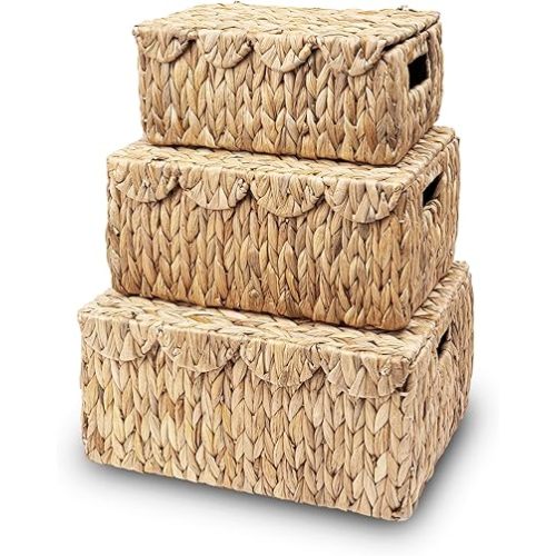Set of 3 Scalloped Edge Wicker Basket with Lid, Rectangle Wicker Storage Basket with Built-in Handles, Multipurpose Organizer Rattan Display Boxes for Shelf, Nursery Room