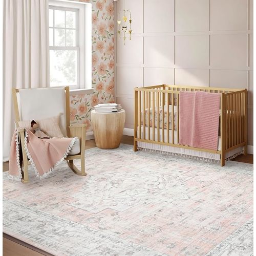 8x10 Rug for Girls Bedroom, Light Pink Area Rugs for Girls Room, Soft Non-Shedding Boho Living Room Rugs, Low-Pile Floral Rug Oriental Fauxl Wool Rugs 8x10 for Dining Room