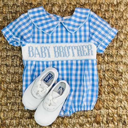 Baby Brother Smocked Bubble Blue Gingham- Coordinating Big Brother & Big Sister outfits, Gender reveal,  Hospital outfit, Baby Boy 656 *F