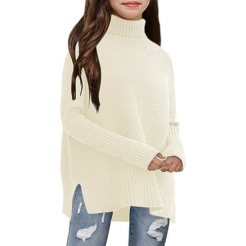 Haloumoning Kids Girls Turtleneck Tunic Sweaters Dress Oversized Long Sleeve Knit Chunky Pullover Jumper with Slit 5-14T