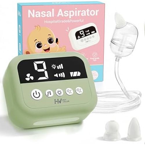 HEYVALUE Nasal Aspirator for Baby, Hospital Grade Nose Sucker with 9 Levels Suction, Night Light and Nursery Rhyme Soothing, Electric Nose Suction for Baby with Food-Grade Silicone Tips Green