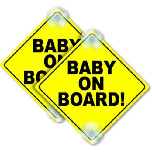 2PC Baby on Board Signs - 5 x 5 Car Signs Baby on Board - Kids on Board Car Sign - Baby in Car Sticker - Baby on Board for Cars with Suction Cups