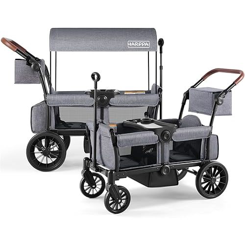 HARPPA All-Terrain Wagon Stroller for 2 Kids, Foldable Outdoor & Beach Stroller Wagon with Removable Canopy, Adjustable Push & Pull Handle, Footwell & Large Storage, Grey
