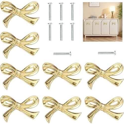 8Pcs Brass Bow Shape Cabinets Knobs, Gold Knobs for Cabinets Drawer Pulls Decorative Bow Knobs Cupboard Pull Handles, Cabinet Hardware Dresser Wardrobe and Drawer Pulls