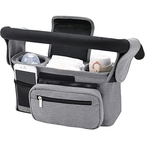 Universal Stroller Organizer with Insulated Cup Holder, Detachable Phone Bag and Shoulder Strap, Cozy Nest Stroller Caddy Organizer Fits for All Stroller Types (Grey)