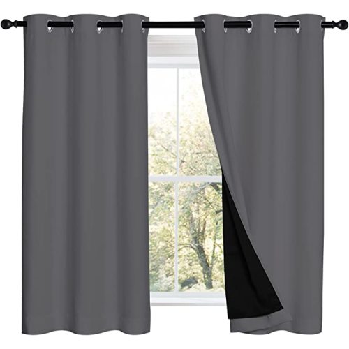 NICETOWN Grey 100% Blackout Curtains 2 Panels with Black Liners, Thermal Insulated Full Blackout 2-Layer Lined Drapes, Noise Cancellation Window Draperies for Dining Room (42-inch W by 54-inch L) - W42 x L54