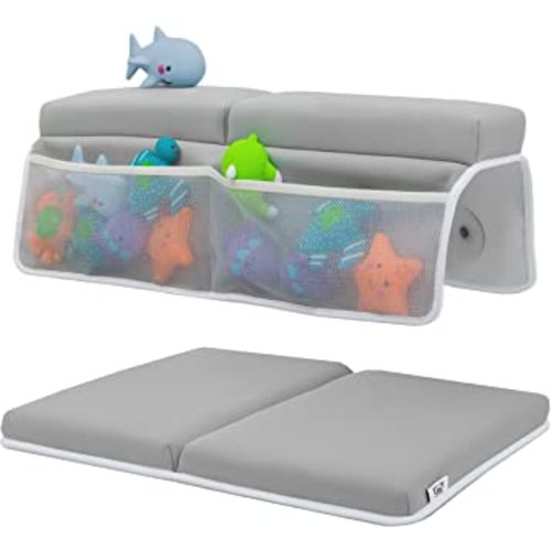Baby Bath Kneeler and Elbow Rest Pad Set - Thickest Bathtub Kneeler Pad with Memory Foam and Bath Toys Organizer - Ideal Bath Kneeling Pad for Bathing Baby - Relieve your Knees and Elbows (Grey)