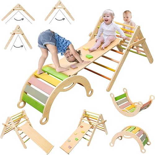 deli 7 in 1 Pikler Triangle Set, Large Size Toddler Climbing Triangle Set, Wooden Baby Jungle Gym Indoor, Foldable Montessori Climbing Set with Ramp, Arch & Climbing Triangle