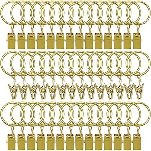 42 Pack Curtain Rings with Clips 1.26" Interior Diameter,Metal Drapery Ring with Clips Compatible with up to 1 inch Drapery Rod,Strong Vintage Decorative Rustproof Drapery Ring with Hooks(Golden)