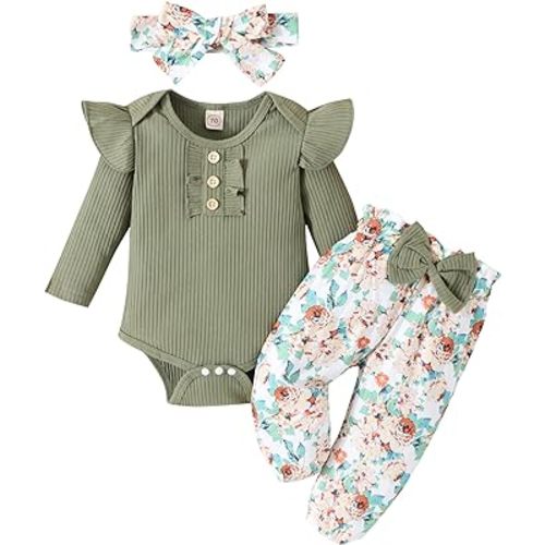 Baby Girl Clothes Newborn Infant Outfits Ruffle Romper+ Floral Pants + Cute Headband Sets for Girls