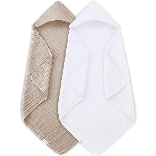 MOON PARK 2 Pack Muslin Hooded Baby Bath Towels for Newborns, Infants, Toddlers - 100% Cotton - Large 32x32Inch Size - Highly Absorbent and Essential, White and Brown