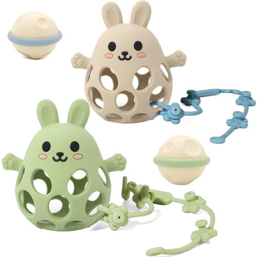 Baby Teething Toy, Hollow Rabbit Silicone Teething Toy, Soft Baby Chew Toy, Meets Sucking Needs, Bell Can Be Installed, Suitable for Babies of Any Age(Green + Beige)