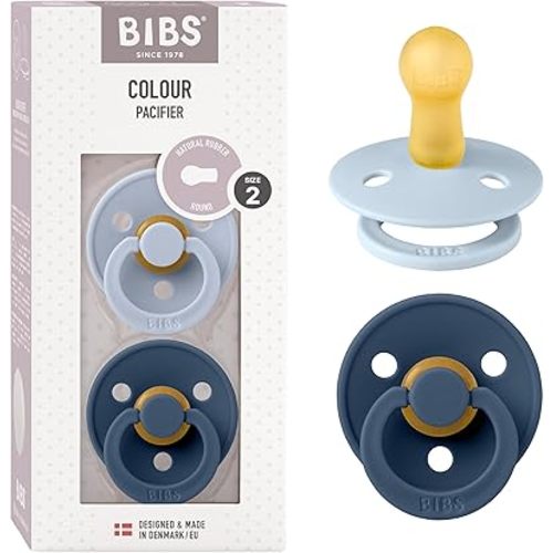 BIBS Pacifiers Colour Collection | Natural Rubber Baby Pacifier | Set of 2 BPA-Free Soothers | Made in Denmark | 6+ Months (Pack of 2) | Dusty Blue/Steel Blue