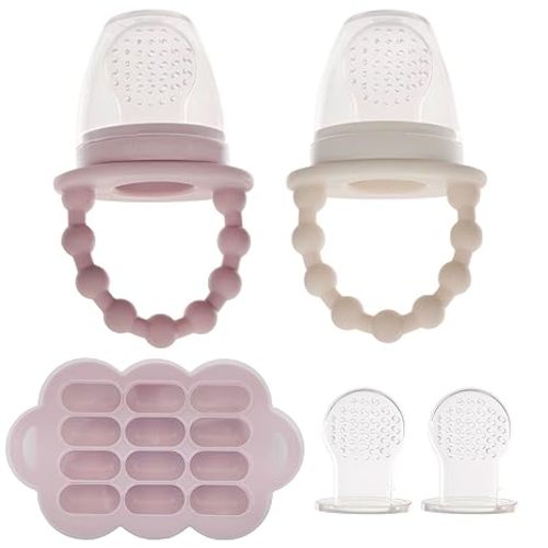 WeeSprout Silicone Baby Food Feeders + Freezer Tray for Batch Prep, Set of 2, Introduce New Foods Safely, Double as Teething Toys, Includes 2 Extra Pouches & Travel Lids, Dishwasher Safe - Matte Pink + Off White + Matte Pink Tray