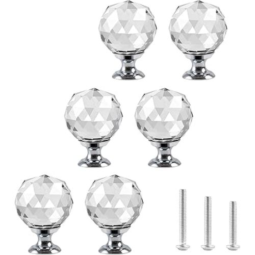 6pcs Clear Crystal Glass Door Knobs Round Diamond Wardrobe Doorknob Ball-Shape Drawer Wardrobe Pull Knob Diamond Shaped Handles for Cupboard Cabinet Dresser in Bathroom Kitchen Office ect