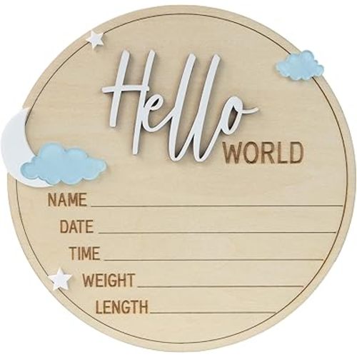 Hello World Baby Birth Stats Sign, 6.2 inches, Wood Engraved Hospital Announcement Board with Flower (BB75)