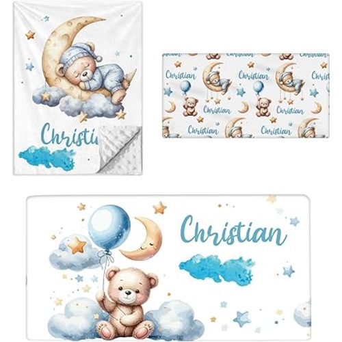 Personalized Crib Bedding Set - 3 Pcs Custom Name Nursery Bedding Sets, Double Layer Toddler Bedding Set, Baby Crib Set for Baby Girls Boys, Moon Bear Baby Bedding Set, Infant Customized Gifts