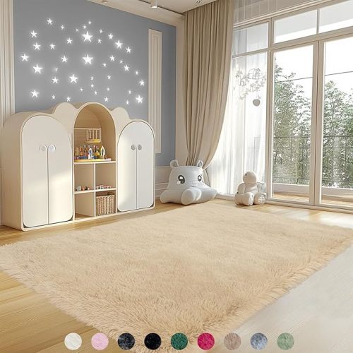 4x6 Rugs for Living Room, Large Fluffy Area Rugs for Bedroom, Soft Carpet Shag Kids Rug with 4 Non-Slip Rug Pads (Light Tan, 4ft x 6ft)