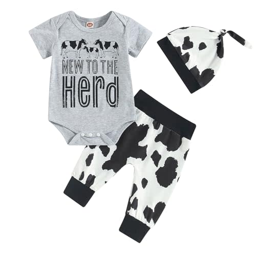 SAYOO Western Newborn Baby Boys Cowboy Outfit Cow Print Letter Bodysuit Long Leggings Cap 3pcs Infant Boy Country Clothes