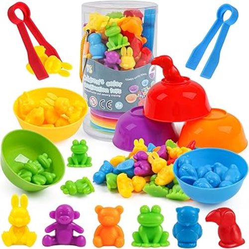 Counting Animals Toys Matching Game with Sorting Bowls Preschool Learning Activities Montessori Sensory Toys for Math Color Sorting, Party Favors Birthday Gifts for Kids - Zoo