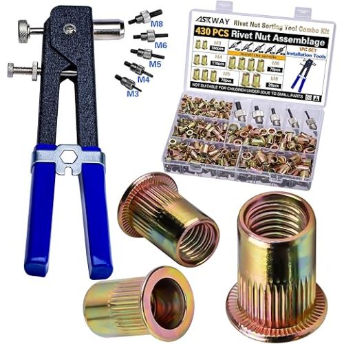 Pressure Rivet Nut Tool Kit, 430Pcs Metric Rivet Nut Combination (M8/M6/M5/M4/M3), Suitable for Furniture, Decoration, Automotive, Marine and Industrial Applications