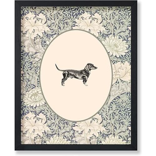 Poster Master Vintage Dachshunds Poster - Retro Weiner Dog Print - Dog Art - Floral Art - Flower Art - Animal Art - Chic Boho Art - Aesthetic Kid's Room or Nursery Wall Decor, 11x14 Black Framed