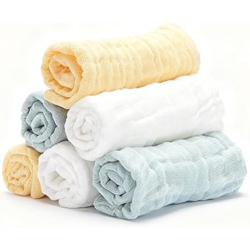 Organic Muslin Baby Washcloths 6 Pack Baby Bath Face Towel 12x12 Inch Extra Absorbent and Soft Burp Cloth and Wash Cloths for Newborn-Infants On Sensitive Skin (White Green Yellow)